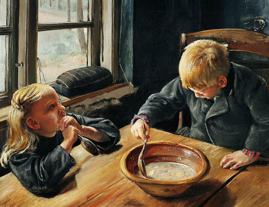 A Boy and a Girl Eating Supper Painting by Laurits Andersen Ring