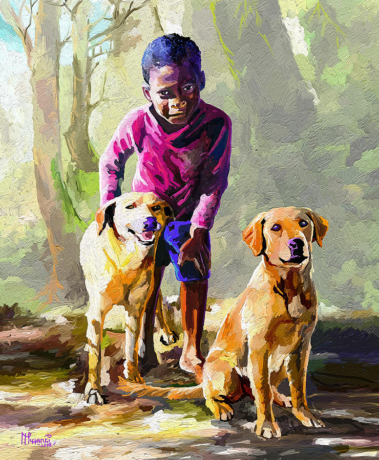 a boy and his dog painting