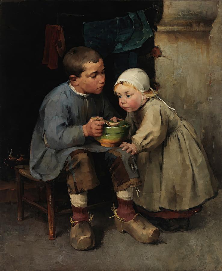 A Boy Feeding His Little Sister Painting by Helene Schjerfbeck - Fine ...