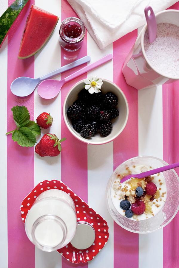 A Breakfast Of Milkshake, Berry Muesli And Fresh Milk Photograph by Sjoberg, Marie