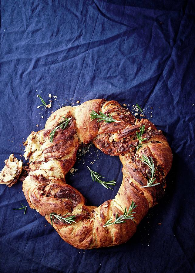 A Brioche Wreath With Nuts, Chocolate And Rosemary Photograph by Great Stock!