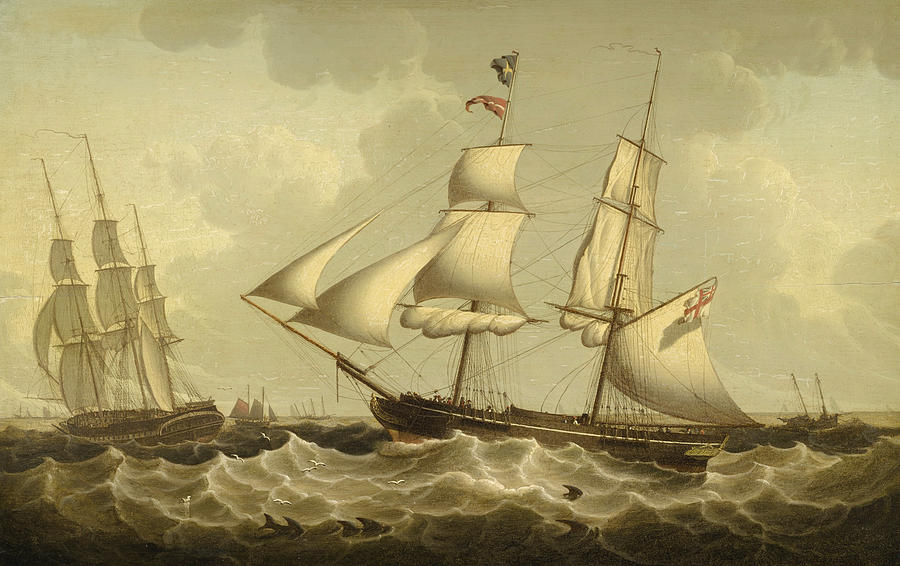 A British Brig and Frigate, off the Mouth of th Mersey Painting by Robert Salmon