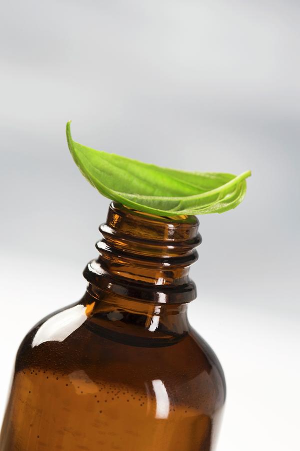 A Brown Bottle Of Basil Oil And Basil Leaf Photograph by Jean-paul Chassenet