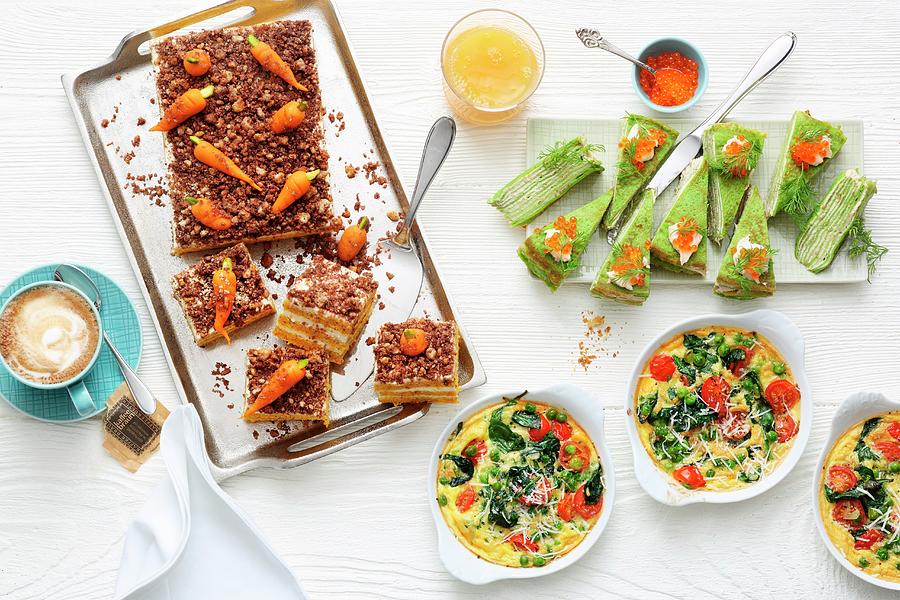 A Brunch Buffet With Carrot Cake, Green Pancake Cake And Pea Frittata In Pans Photograph by Jalag / Mathias Neubauer