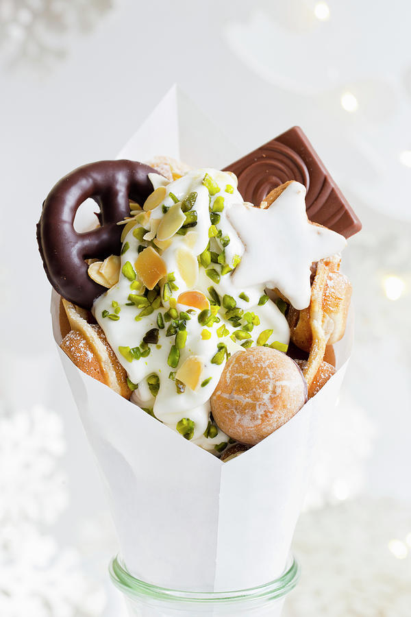 A Bubble Waffle With Frozen Yoghurt And Cinnamon Stars For Christmas Photograph by Esther Hildebrandt