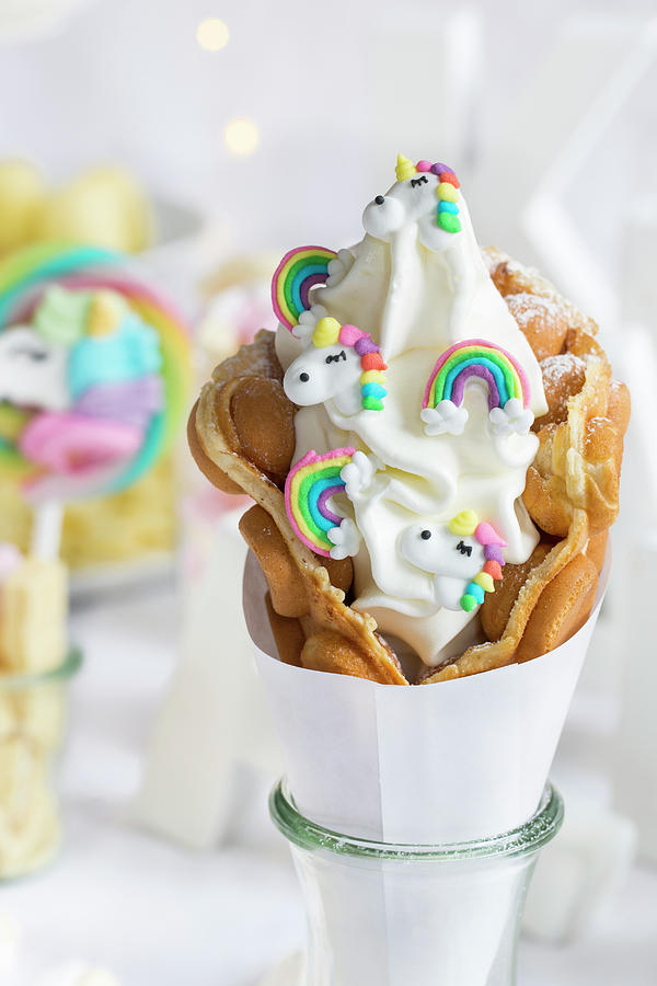 A Bubble Waffles With Frozen Yoghurt Decoration With Rainbows And