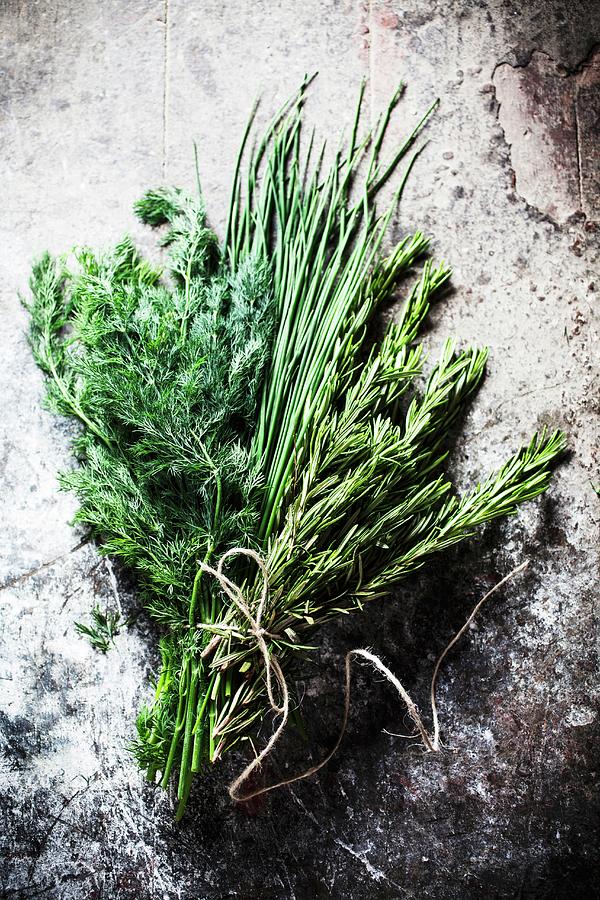 A Bunch Of Fresh Herbs - Rosemary, Chives And Dill Photograph by Malgorzata Stepien