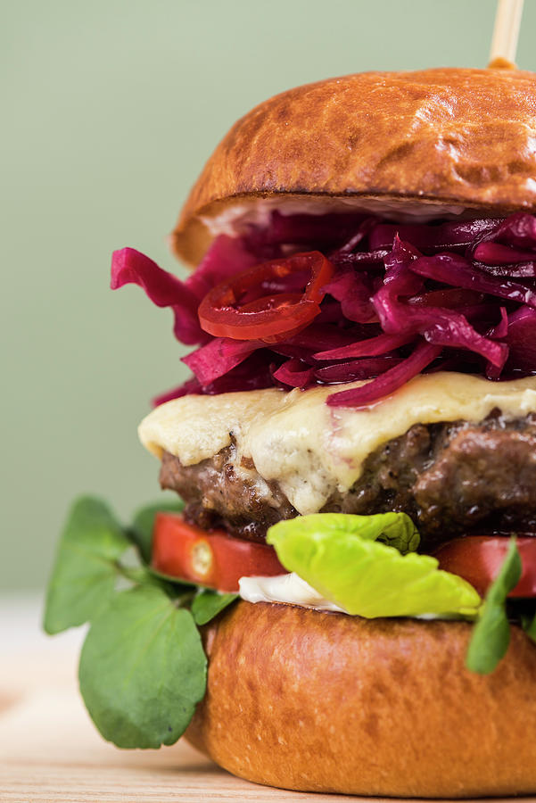 A Burger With Tomato, Salad And Red Cabbage close Up Photograph by Russel Brown