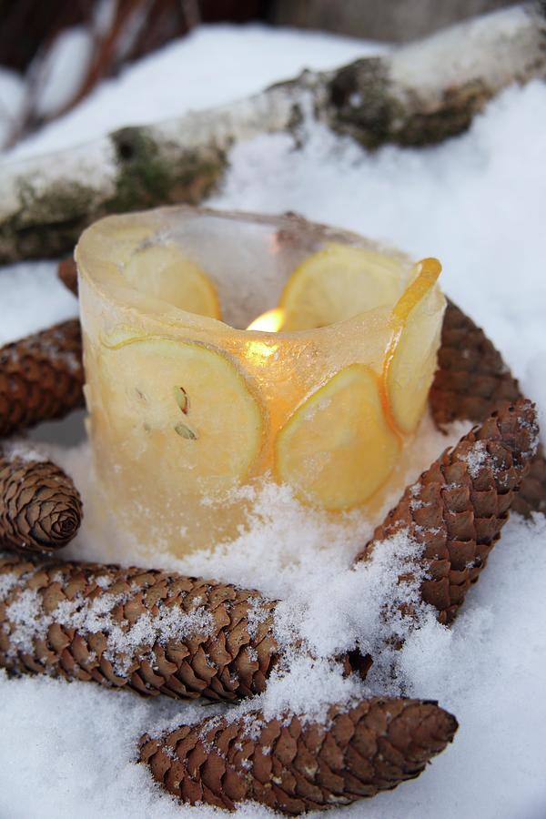 A Burning Candle In A Ice Cream Bowl Decorated With Lemon Slices Photograph by Johanna Von Aesch