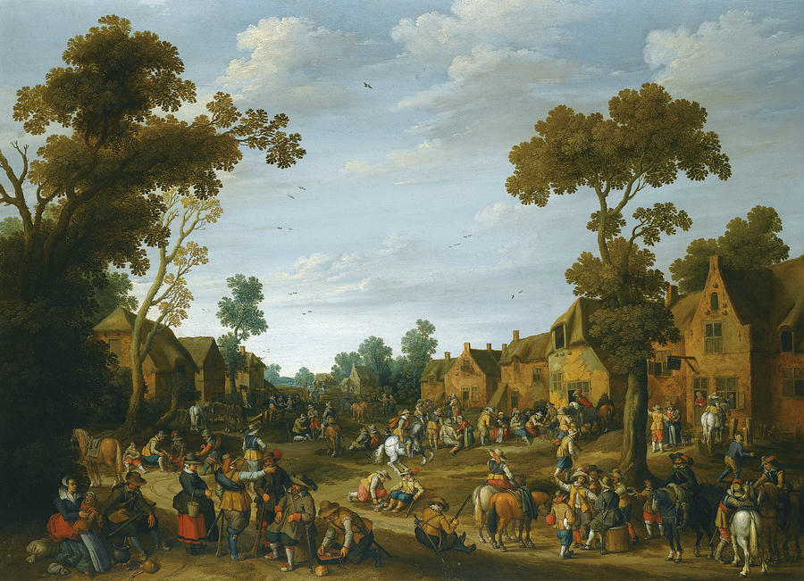 A Busy Village Scene with Soldiers and Peasants Painting by Joost Cornelisz Droochsloot