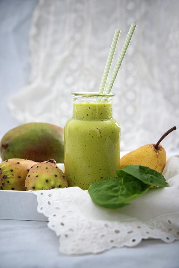 A Cactus Fig, Mango, Pear And Spinach Smoothie Photograph by Kati Neudert