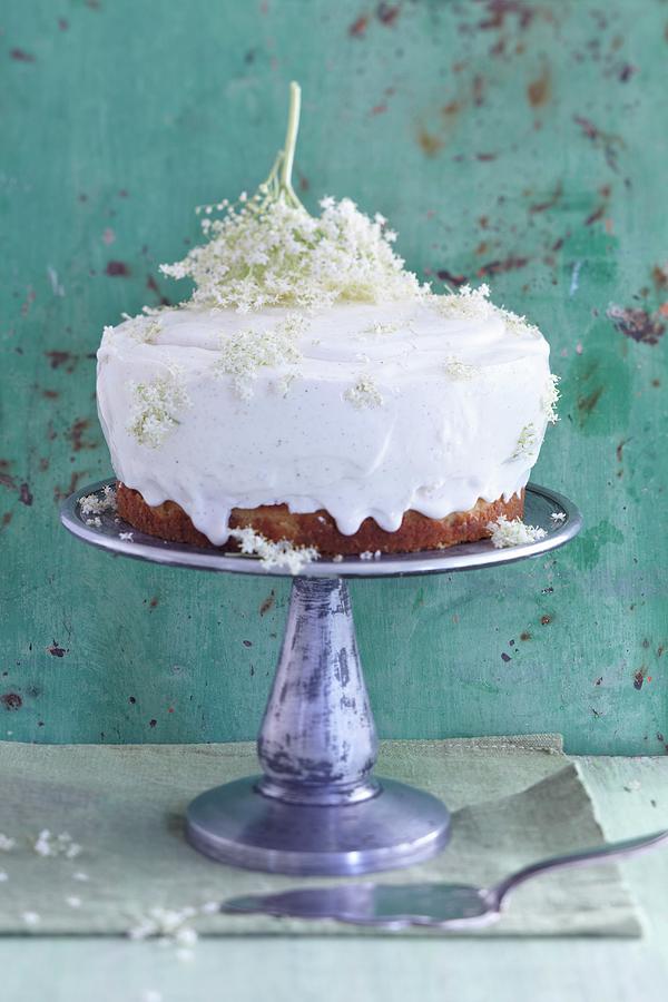 A Cake With Vanilla Cream Frosting And Elderflowers Photograph by Anke Schtz