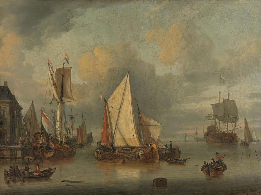 A Calm -Ships in the Harbor by Calm Weather-. Painting by Jan Claesz Rietschoof