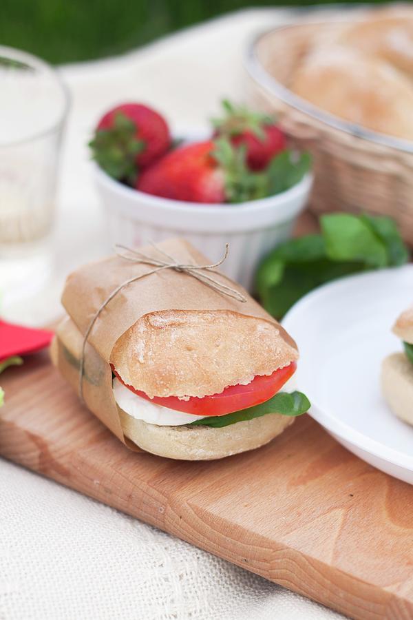 A Caprese Sandwich With Ciabatta, Mozzarella, Tomato And Basil ...