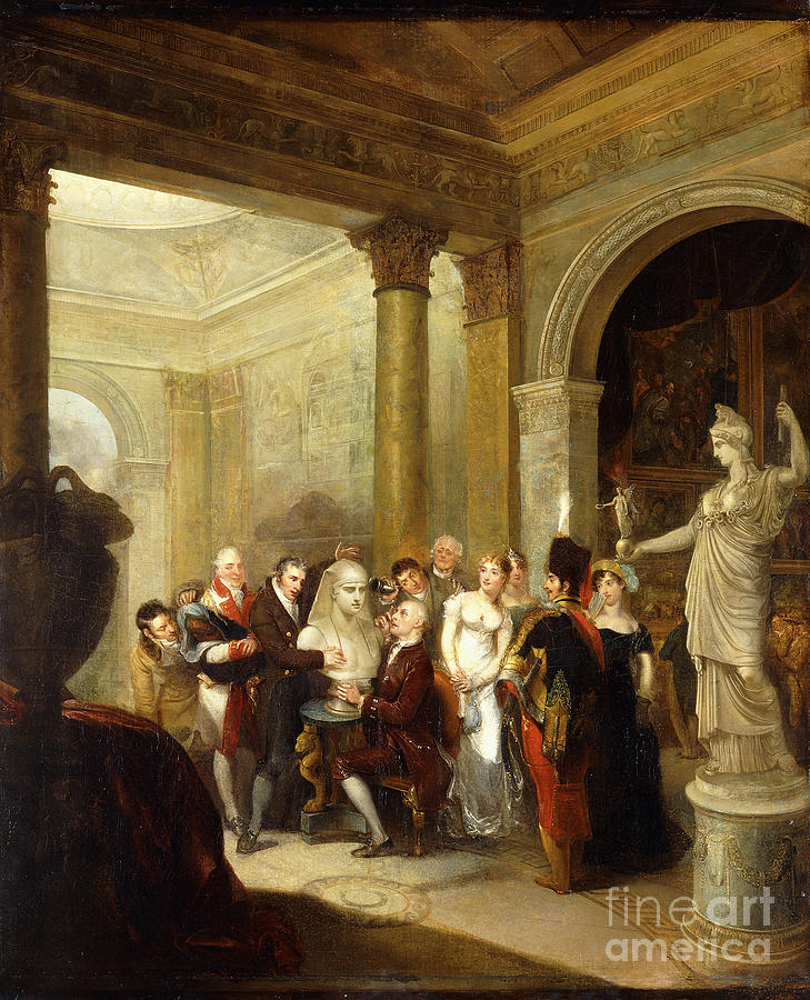A Capriccio Interior With A Group Of Ladies And Gentlemen Examining A Bust Of Antinous, With The Hope Athene And A Picture Gallery Beyond To The Right; A Domed Salon To The Left, 1811 Painting by Michael William Sharp