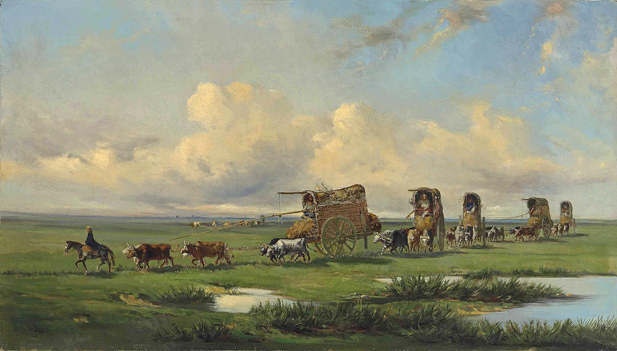 A caravan of gauchos and their wagons crossing the Pampas, Argentina Painting by Jean Leon Palliere