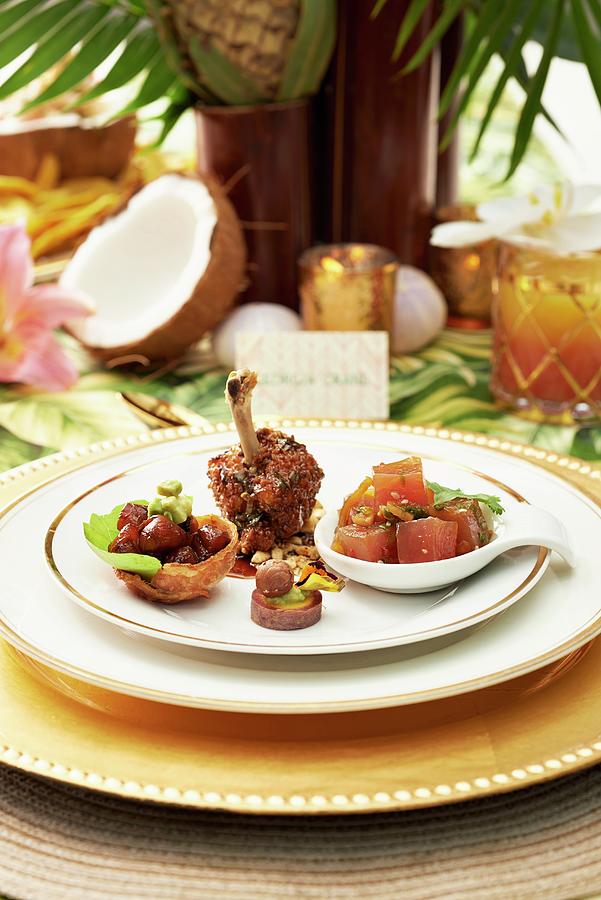 A Caribbean Appetiser Platter With Ahi Tuna Poke And Chicken Legs Photograph by Clinton Hussey