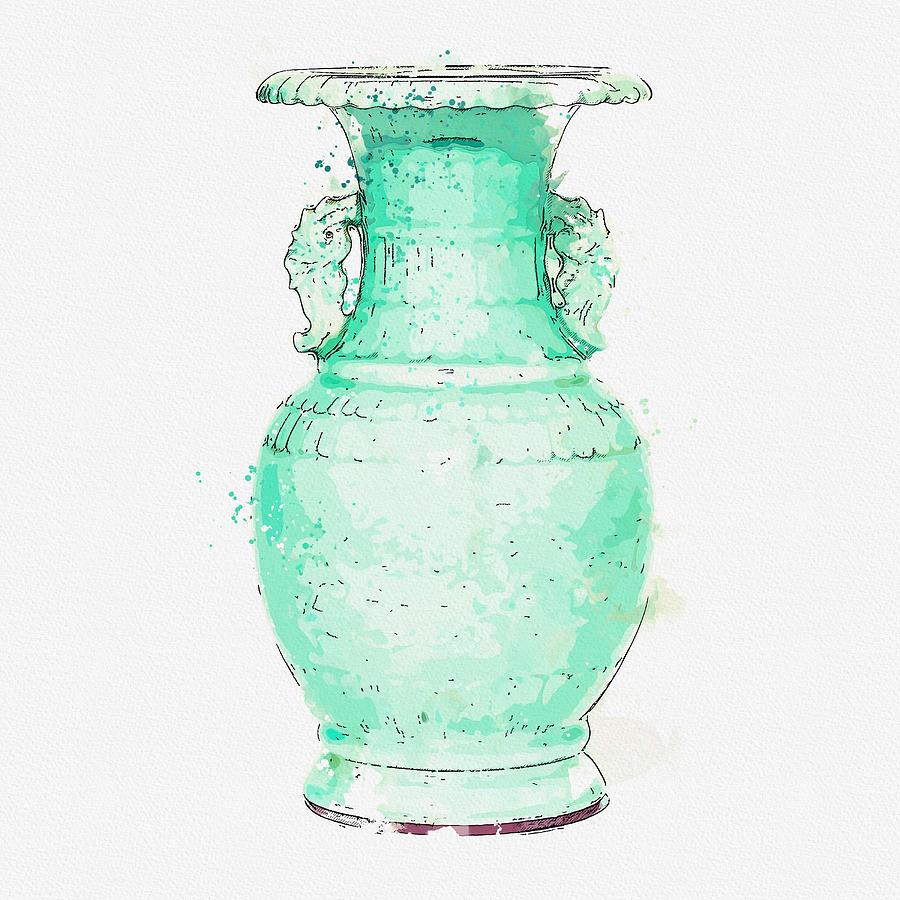 A CARVED CELADON-GLAZED  BAMBOO ARCHAISTIC VASE QIANLONG SIX-CHARACTER SEAL MARK watercolor by Ahme Painting by Celestial Images