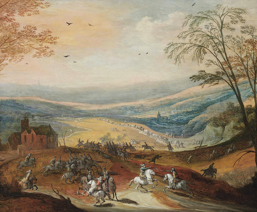 A Cavalry Skirmish in a Hilly Landscape, a Convoy Beyond Painting by Joos de Momper