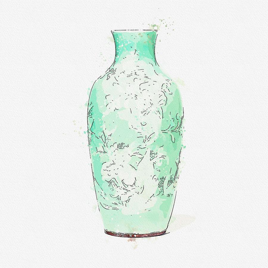 A CELADON-GLAZED SLIP-DECORATED  PEONY VASE  GUANYIN ZUN QING DYNASTY, 19TH CENTURY watercolor by A Painting by Celestial Images