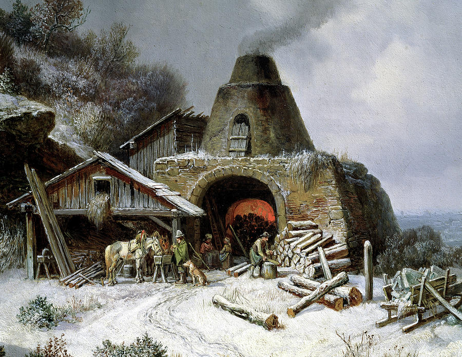 A charcoal burner near the Isar region and river Germany, 1865, Oil on canvas. Painting by Heinrich Burkel -1802-1869-