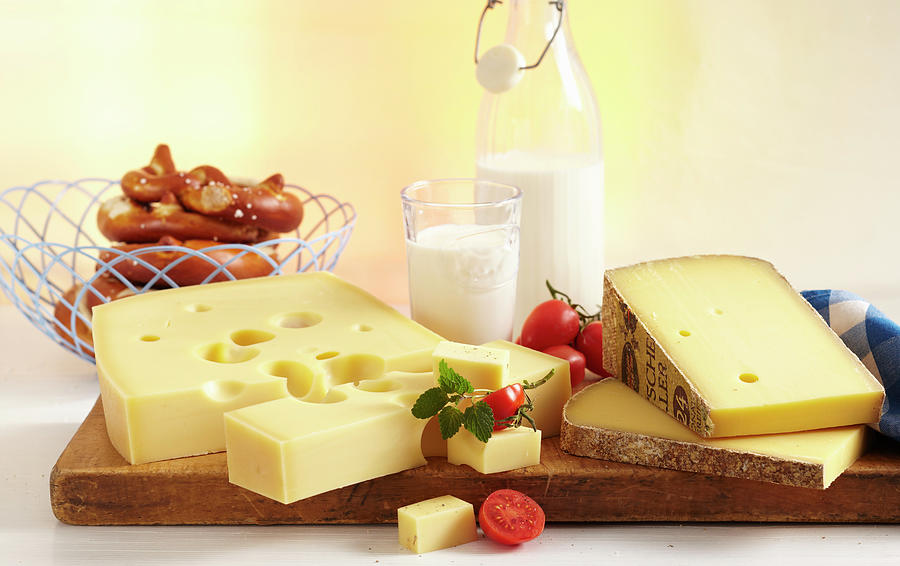 A Cheese Still Life With Pretzels And Milk Photograph by Teubner Foodfoto
