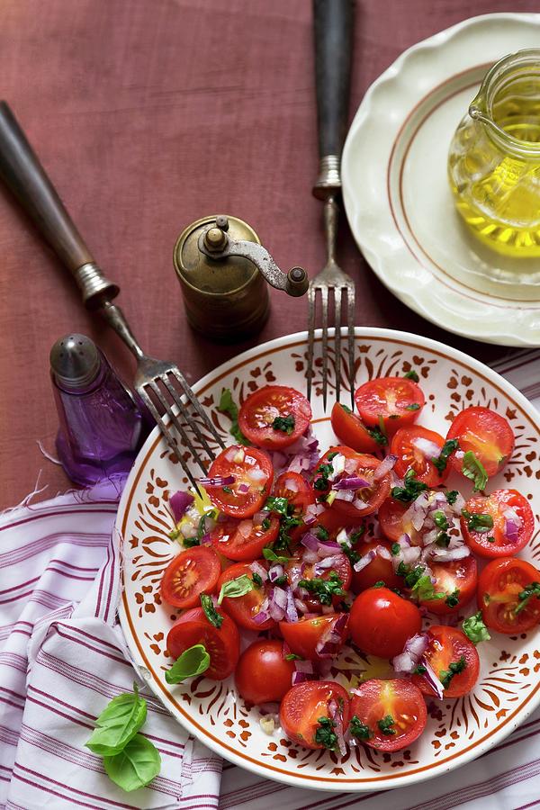 A Cherry Tomatoes, Red Onion And Basil Salad Photograph by Adel Bekefi