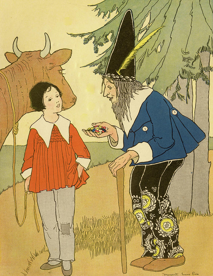 A child with a cow is greeted by a Wizard with Magic Beans Painting by Unknown