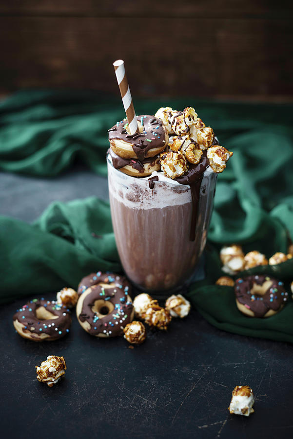 A Chocolate And Oat Drink, Soy Cream, Chocolate Sauce, Donuts And Caramel Popcorn vegan Photograph by Kati Neudert