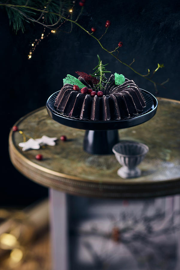 A Chocolate Bundt Cake With Winter Decorations On A Cake Stand Photograph by Angelika Grossmann