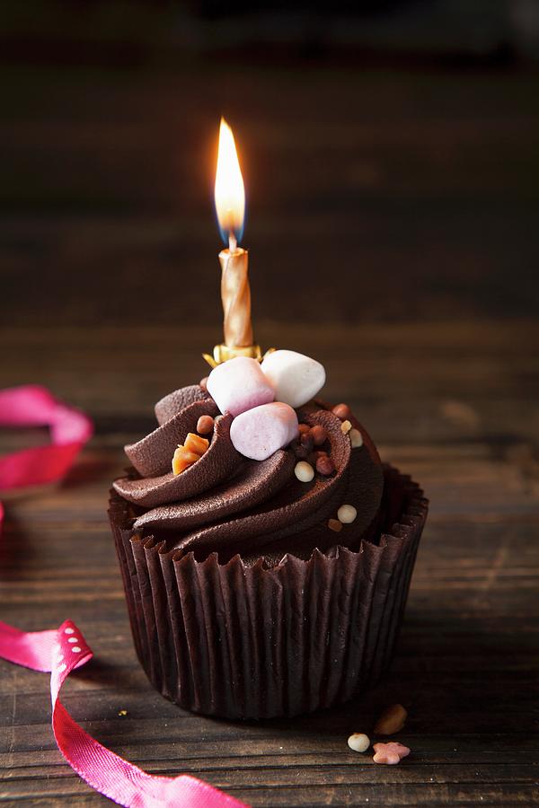 A Chocolate Cupcake Topped With Mini Marshmallows, Toffee Sprinkles And A Birthday Candle Photograph by Stacy Grant