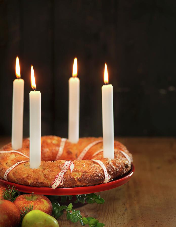 A Christmas Advent Wreath Cake With Candles Photograph by Martin Dyrlv