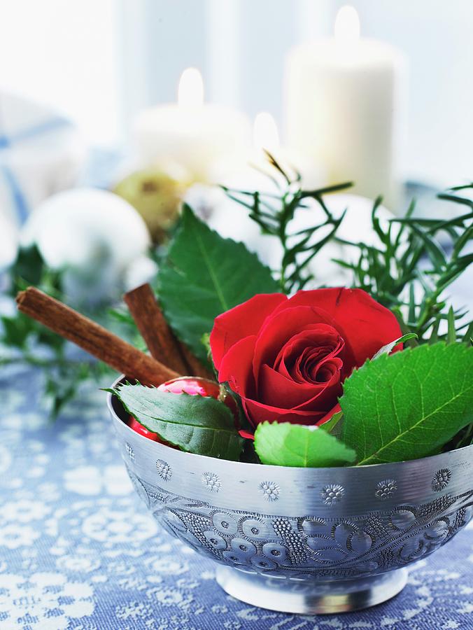 A Christmas Table Decoration With A Rose And Cinnamon Sticks In A Bowl Photograph by Mikkel Adsbl