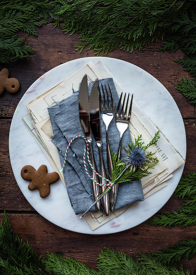 A Christmas Table Setting With Cutlery And Cookies Photograph by Lucy Parissi