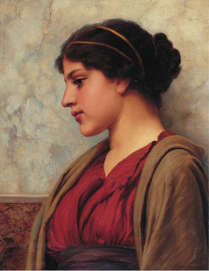 Portrait Painting - A Classical Beauty, Far-away Thoughts by John William Godward