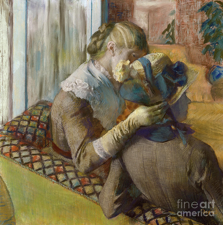 A client trying a hat Pastel by Edgar Degas