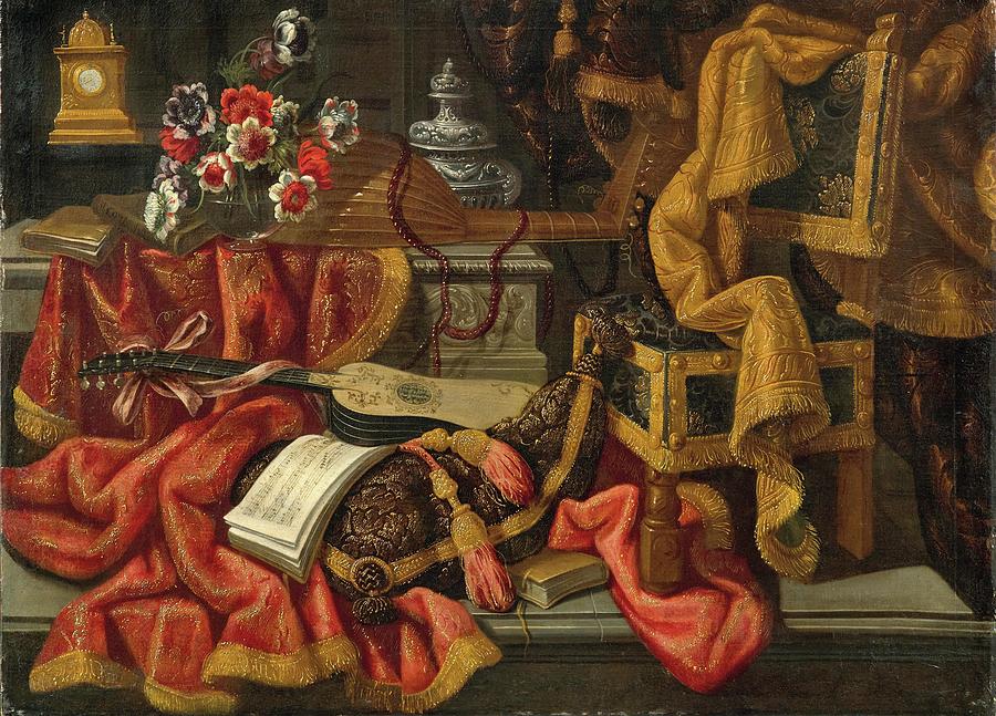 A Clock, A Vase Of Flowers, A Lute, A Guitar, A Sheet Painting by Antonio Tibaldi A Clock, A Vase Of Flowers, A Lute, A Guitar, A Sheet Painting by Antonio Tibaldi