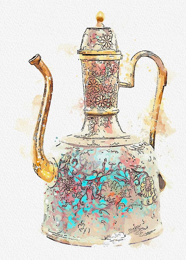 A CLOISONNE ENAMEL EWER AND COVER watercolor by Ahmet Asar Painting by Celestial Images