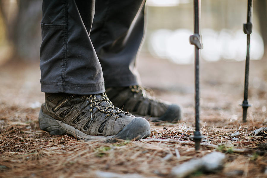 A Close Up Of A Hiker's Boots And Trekking Poles In A Pine Forest ...