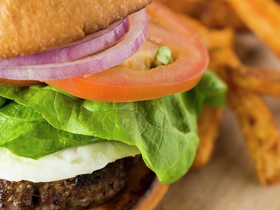 A Close-up Of Tomato, Onion And Lettuce In Hamburger Photograph by Farrell Scott
