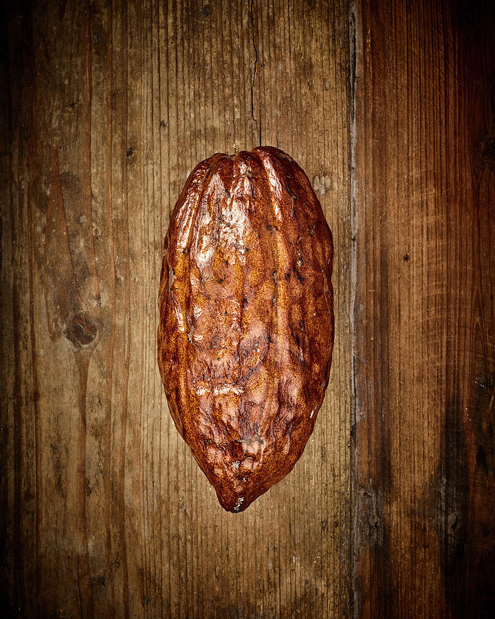 A Cocoa Pod On A Wooden Background Photograph by Peter Rees