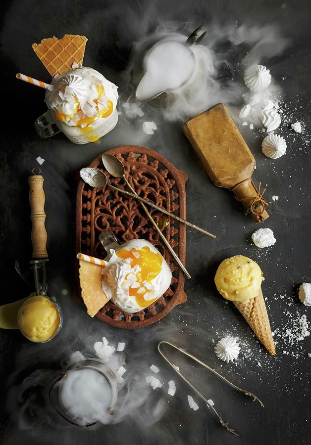 A Coconut Shake With Mango Coulis, Wafer And Meringue Photograph by Great Stock!