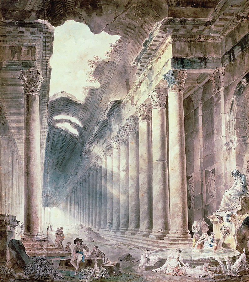 Furniture Photograph - A Colonnaded Thermal Building, The Roof Partly Open To The Sky, With Girls Washing Clothes by Hubert Robert