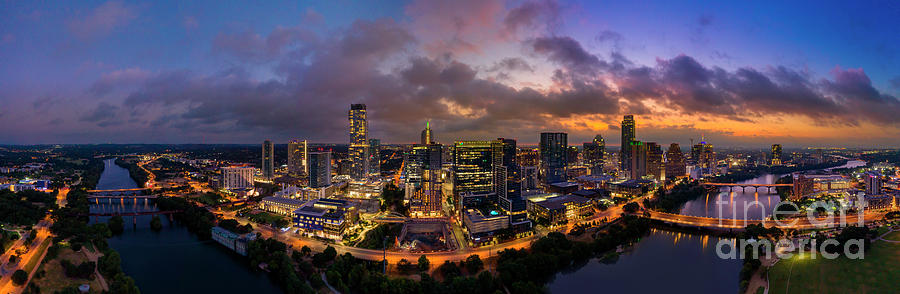 Austin Skyline Photograph - A colorful sunrise peaks over the downtown Austin Skyline by Dan Herron