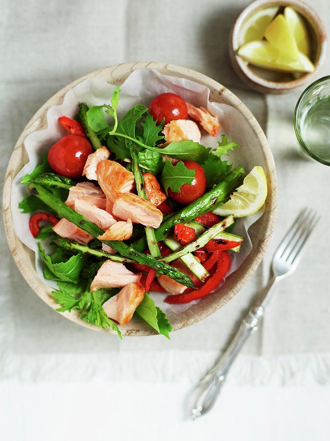 A Colourful Salad With Salmon And Grilled Green Asparagus Photograph by Charlie Richards