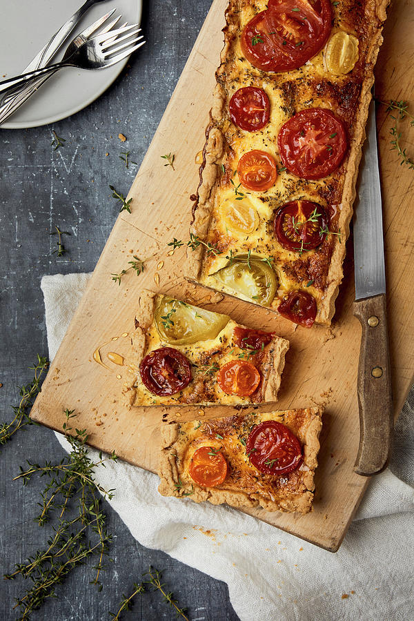 A Colourful Tomato Quiche With Thyme, Sliced Photograph by Jennifer Braun