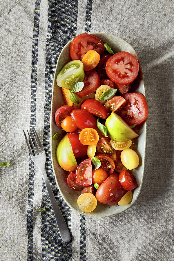 A Colourful Tomato Salad With Fresh Basil Photograph by Jennifer Braun