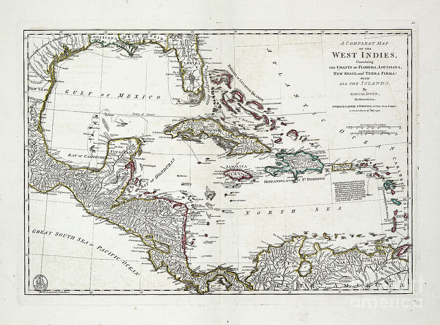 Map Painting - A Complete Map Of The West Indies Containing The Coasts Of Florida, Louisiana, New Spain And Terra Firma With All The Islands, 1794 Print by Samuel Dunn