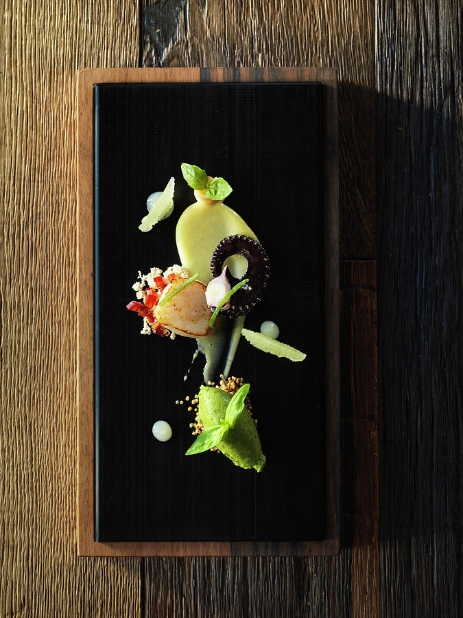 A Composition Of Appetisers Featuring Scallops, Squid And Basil Sorbet Photograph by Jalag / David Maupli