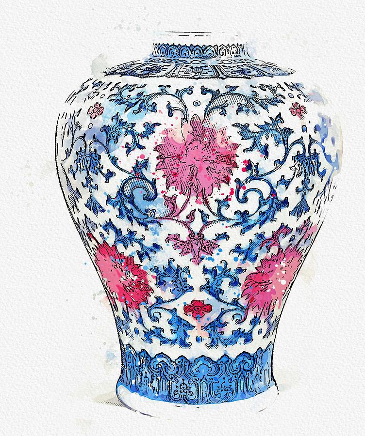 A COPPER-RED AND UNDERGLAZE BLUE VASE, MEIPING watercolor by Ahmet Asar Painting by Celestial Images